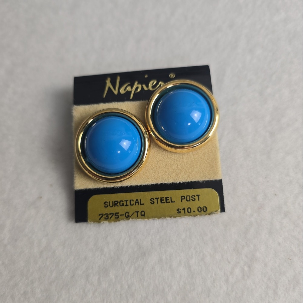 Vintage Napier Blue Enamel Circular Earrings Retro Gold Tone Studs 7375-G/TQ